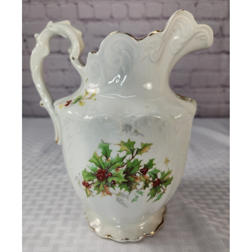 Antique 1880 EPP Co East Palestine Pottery MARQUETTE Holly Berry Pitcher Holiday